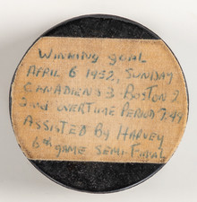 1952 Montreal Canadiens Stanley Semifinals 6 Overtime Game Win puck, Bruins NHL