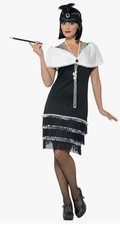 Black & Silver Ladies 1920's Flapper Fancy Dress,Headband & Fur Stole Size M