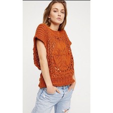 FREE PEOPLE Diamond In The Rough In Camel Brown Crochet Boho Knit Sweater XS