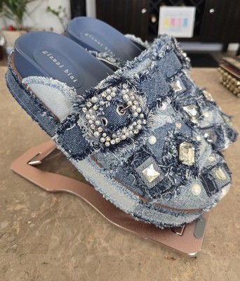 Gianni Bini Omari Denim Patchwork Jewel/ Pearl  Platform Clogs. ( 7.5  women's )