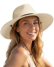 Womens Summer Straw Sun Hats Wide Brim Panama Fedora Beach Hat with Wind Lany...