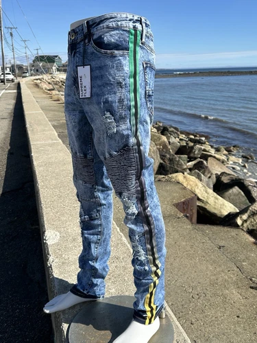 Jean skinny moto bleu vieilli rayure latérale Supreme Flex 38x34 rue21 neuf avec étiquette (34)