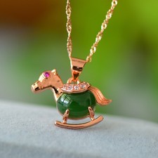 18K Gold Plated Inlaid Hetian GREEN Jade Zodiac Horse Pendant Necklace
