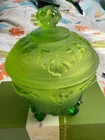 Vintage, Jeanette Glass Company, Green Footed Bowl With Lid, 6”!