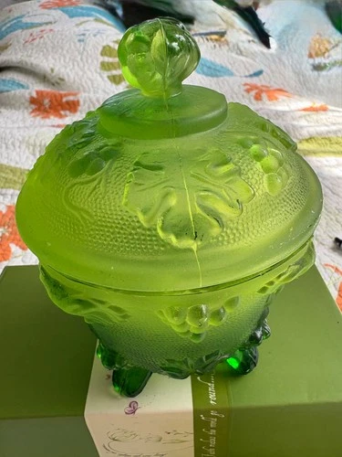 Vintage, Jeanette Glass Company, Green Footed Bowl With Lid, 6”!