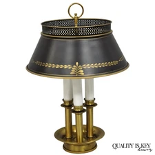 Vintage French Country Brass Tole Metal Shade Bouillotte Candlestick Table Lamp