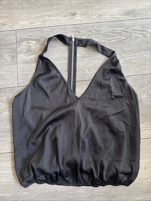 VTG Bebe Size Medium Black Silk Tank Zipper Top T-Strap