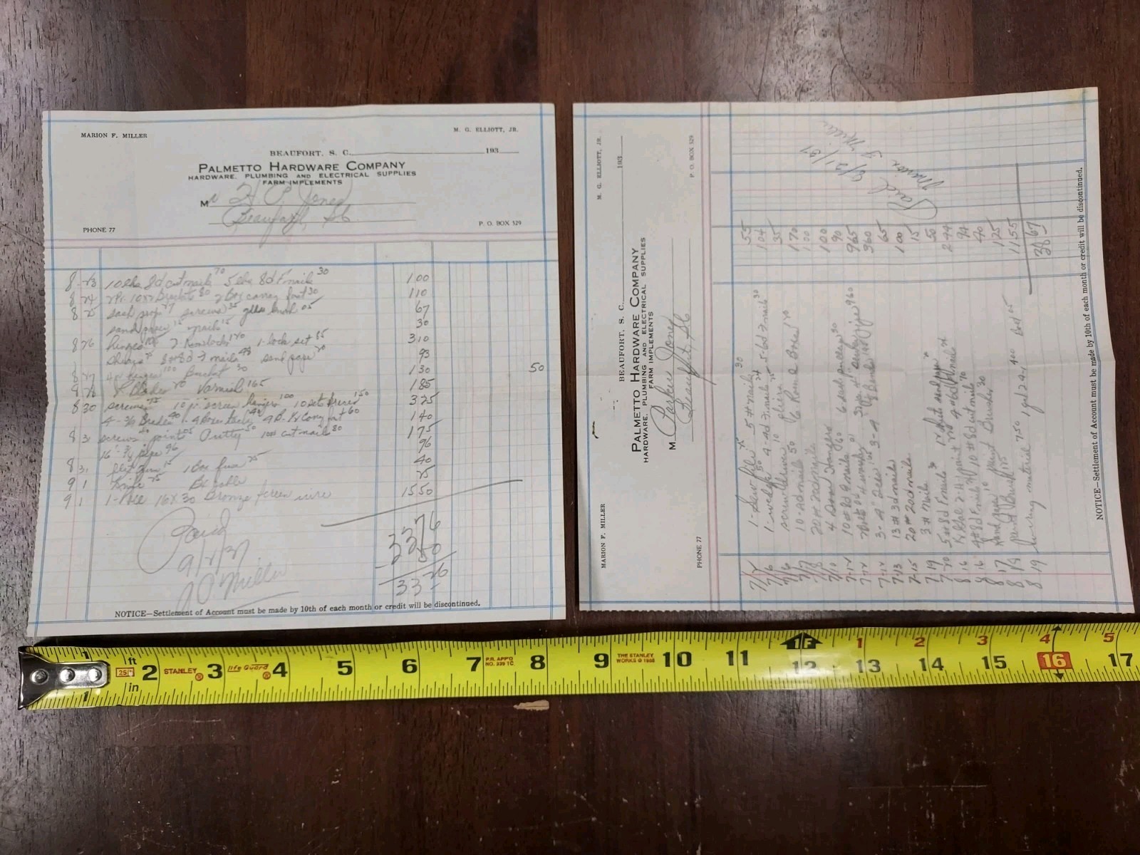 Vintage Hardware & Lumber Invoices 1937 Beaufort SC Lot of 10