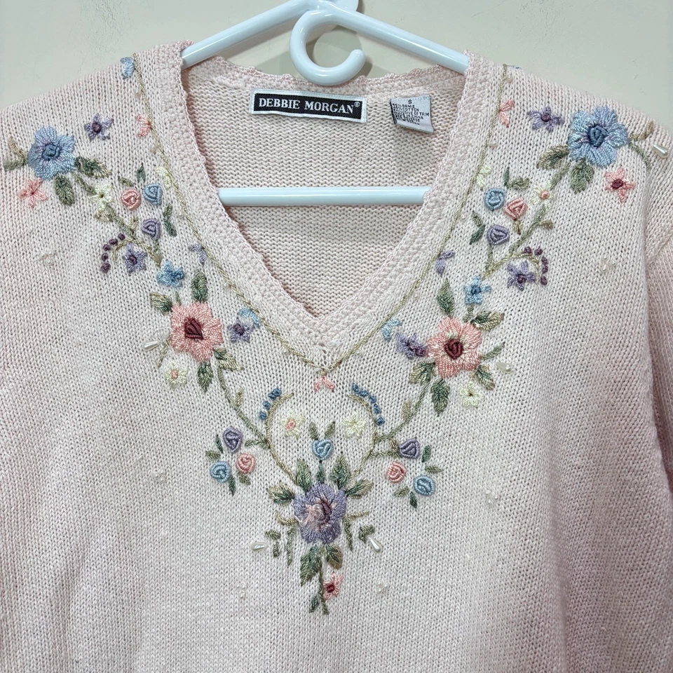 Suéter Vintage Floral Bordado Mujer S Rosa Pastel Grueso Acogedor Grannycore Foto 2 de 4