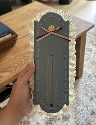 Vintage/Retro Floral & Garden Wall Thermometer, Wood/Fabric, Blue Pink White