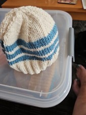 Handmade BabyBeanie hat Cream With Teal Stripes 10 Inches Round 100% acrylic