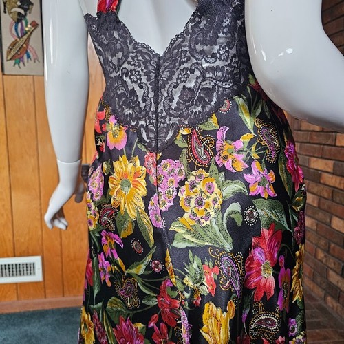 Vintage 70s Moody Tropical Black Floral Vanity Fair Satin Nightgown Maxi Dress M - Picture 10 of 11