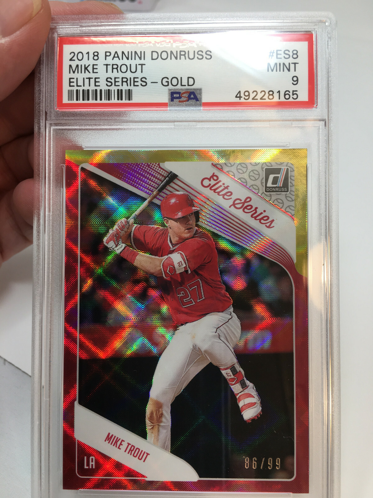 2018 Panini Donruss #ES8 Mike Trout GOLD Serial #86/99 PSA 9 view 8