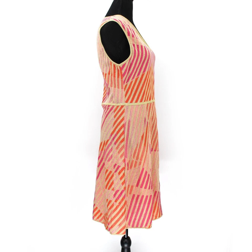 Vestido listra geométrica MISSONI rosa dourado malha jacquard 46 algodão decote em V mini - Imagem 2 de 4