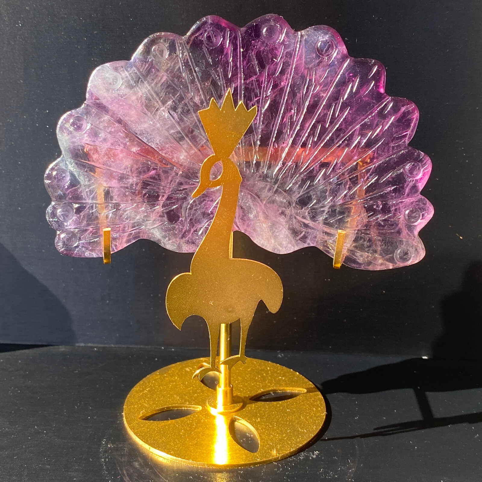 354g Natural fluorite Peacock Quartz Crystal carved skull Reiki Decor + Stand