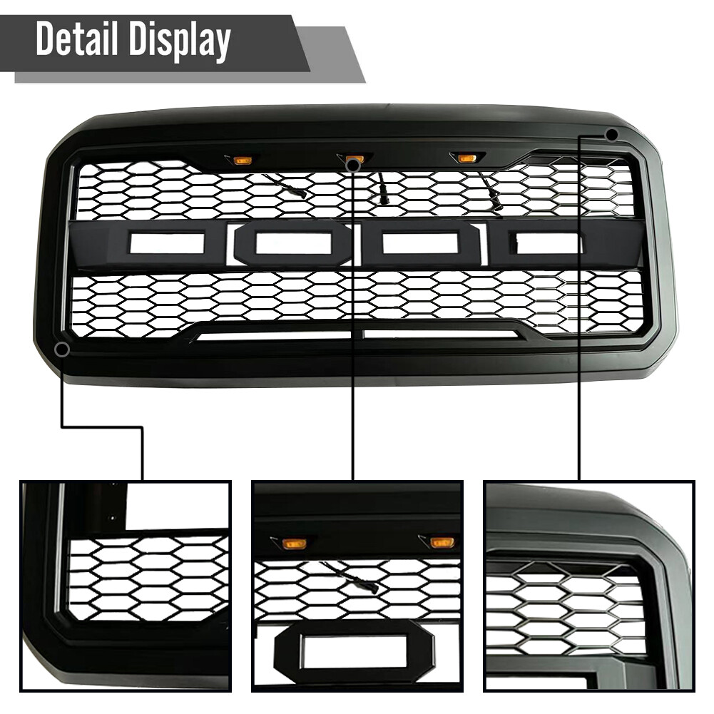 Grille For 2011-2016 F250 F350 Super Duty Grill Raptor Style W/LEDs Matte Black