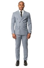 Slim Fit Double Breast Slate Blue Grey Mens Suit 2 Button Peak Lapel AZAR MAN