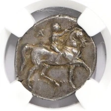 Calabria Taras AR Didrachm Dolphin Coin 281-240 B.C. NGC Choice AU