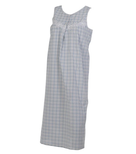 Womens Seersucker Check Sleeveless Nightie Ladies Cotton Floral Lace Nightdress - Picture 10 of 23