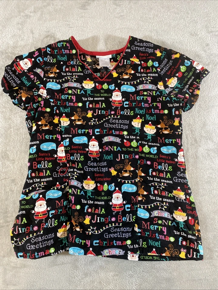Lot of 2 Christmas Womens Scrub Tops Sz XS & S Santa Elves Scrubs - Image 4 of 4