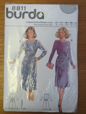 (1980 s) Burda 8811 Schnittmuster Damen Drop Waist Wasserfallausschnitt Kleid ungeschnitten Si