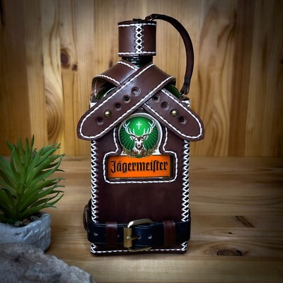 Leather Jagermeister bottle holder, Cover, custom hand tooled case, for 0,5 L