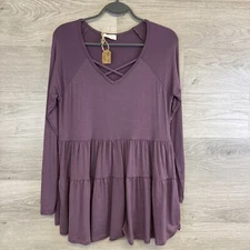 Be Stage Women's Criss-Cross V-Neck Long Sleeve Tiered Purple Top Size Small
