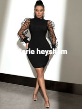 Shein Dobby Mesh Sleeve high neck Bodycon Little Black Mini Dress new Size 14