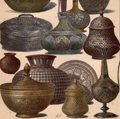 INDIAN VESSELS - Pots Vases Jugs Decorative Metalwork 1884 Antique Print w Video