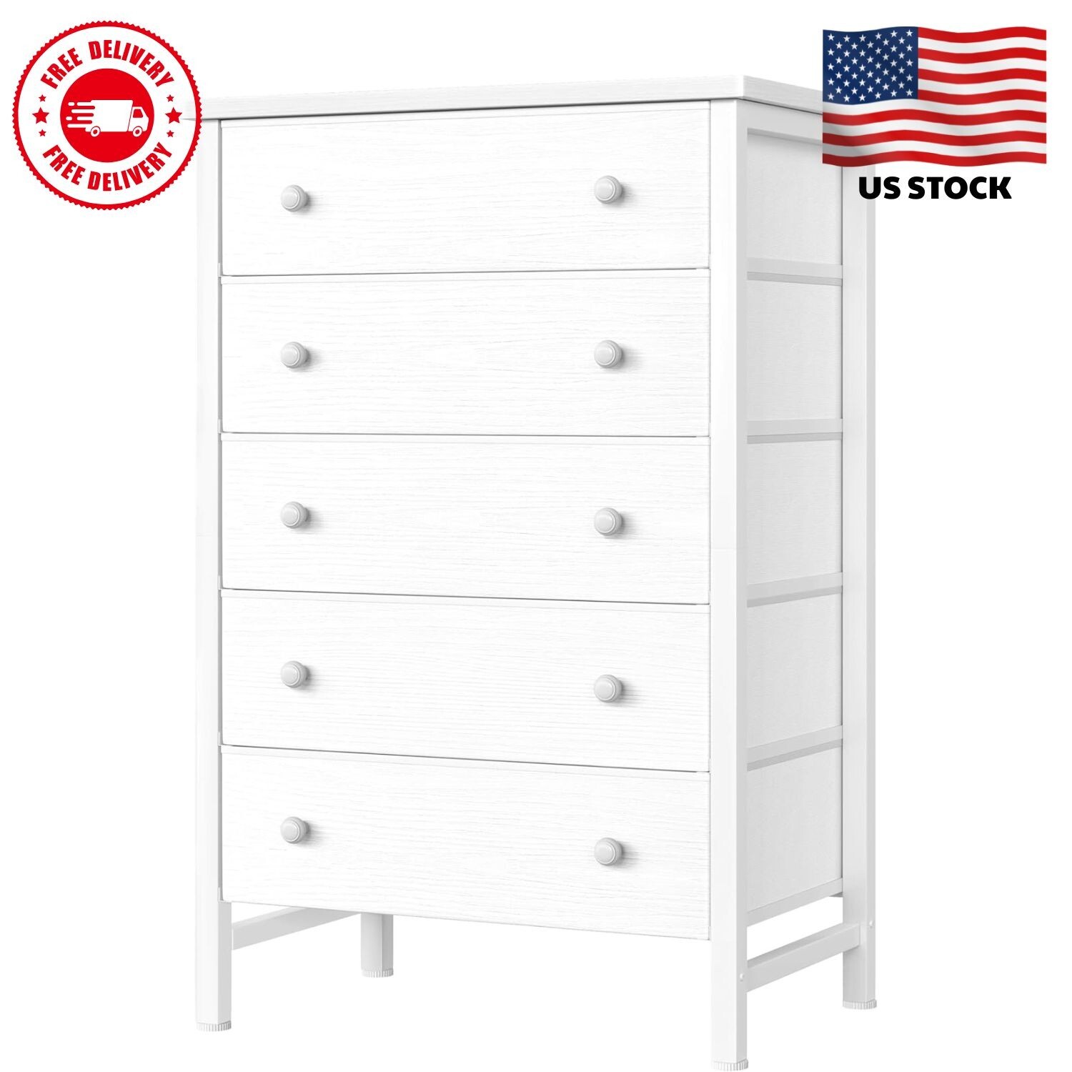 White 5-Drawer Fabric Dresser for Bedroom Storage and Organization