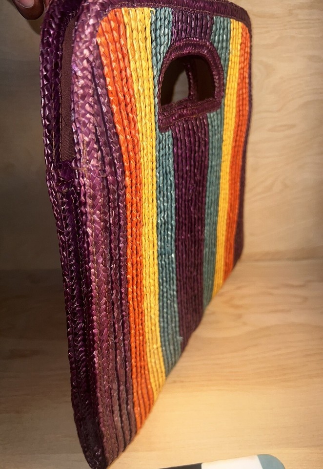 14” Bags R’ Us Vintage Striped Woven Straw Clutch Purse Natural Weave
