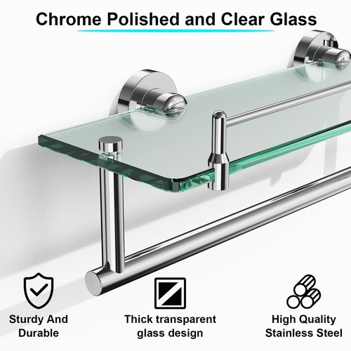 Bathroom Towel Rack Glass Shelf With Bar 16-inches Chrome Polished Shelves - Bild 5 von 6