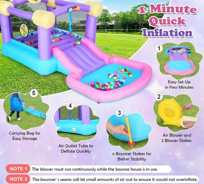 Inflatable Bounce House with 470W Blower, 50 Ocean Balls Jumping Bouncy House 