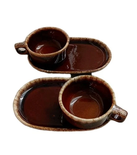 Hull Pottery Brown Drip Oven Proof Sandwich Trays & Soup Mug Set Vintage 4 Piece