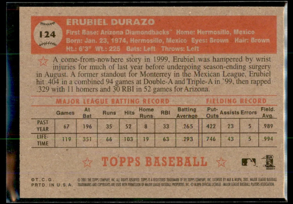 2001 Topps Heritage Erubiel Durazo #124 Arizona Diamondbacks - Image 2 of 2
