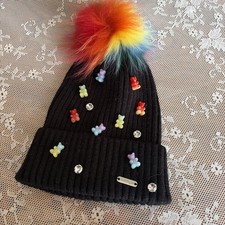 Girls Beanie Hat Colorful Rainbow Pom Pom Gummy Bear Accents Rhinestones Fun