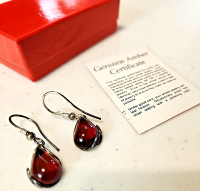 Ian and Valery Co. Valerio Black Cherry Amber 925 Sterling Silver Earrings w box