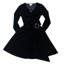 Talbots Black Velvet Faux Wrap Dress 6P Long Sleeve Belted Old Money LBD  Party