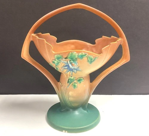 Huge~Roseville Pottery COLUMBINE Flower Basket Vase ~368-12 ~ HAS CHIPS !