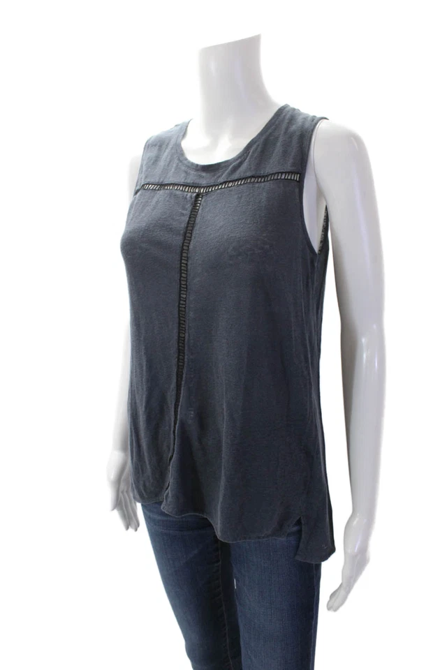 Blusa sin mangas pulóver cuello redondo recortada de lino Vince para mujer azul marino talla 2 Foto 2 de 4