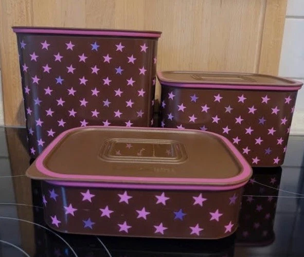 TUPPERWARE SET TUTTOFRESCO   3 PEZZI Marrone E Stelline Fucsia - Immagine 2 di 2