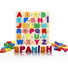 Wooden Alphabet Puzzle, Learn Spanish for Kids with 27 Spanish Letters, Color...