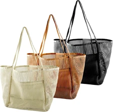 3 Pcs Mesh Beach Tote Bags for Women,Foldable Shopping Bags with Inner Pocket,Li