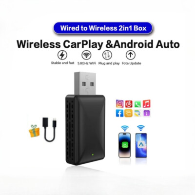 Android Auto Wireless Adapter Mini 2in1 Carplay Dongle for Cars With Wired AA CP