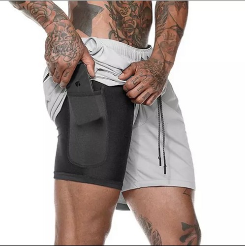 Men 2 in 1 Summer Sports Shorts Pants Running Fitness Gym Workout Pockets Bottom - Picture 9 of 9