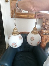 ORIGINAL VINTAGE FLORAL ROUND GLASS GLOBE PENDANT Lights  (Pair) 