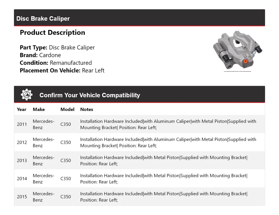 Pinza de freno de disco trasera izquierda cardone 2012 2013 para Mercedes-Benz C350 2011-2015 Foto 2 de 4
