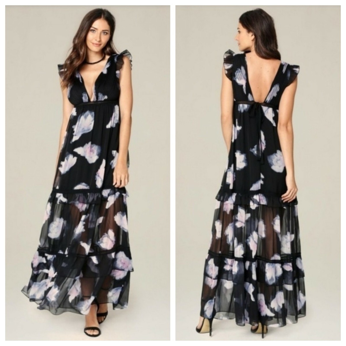 bebe Tiered Chiffon Maxi Dress Lace Trim Sz 2 Watercolor Floral Black Gown