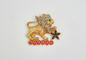 Authentic KJL 60s Lion Pin, Gold-Plated, Coral Blue Green Enamel, Crystal Rhinestone