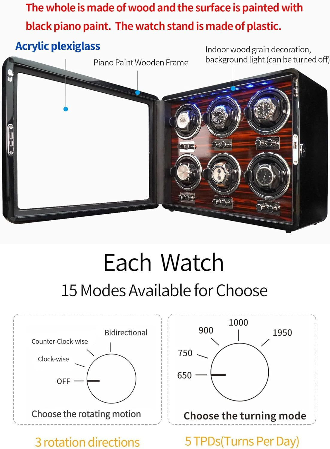 6 Watch Winders for Automatic Watches Wooden Rotating Watch Box 15 Rotation Mode